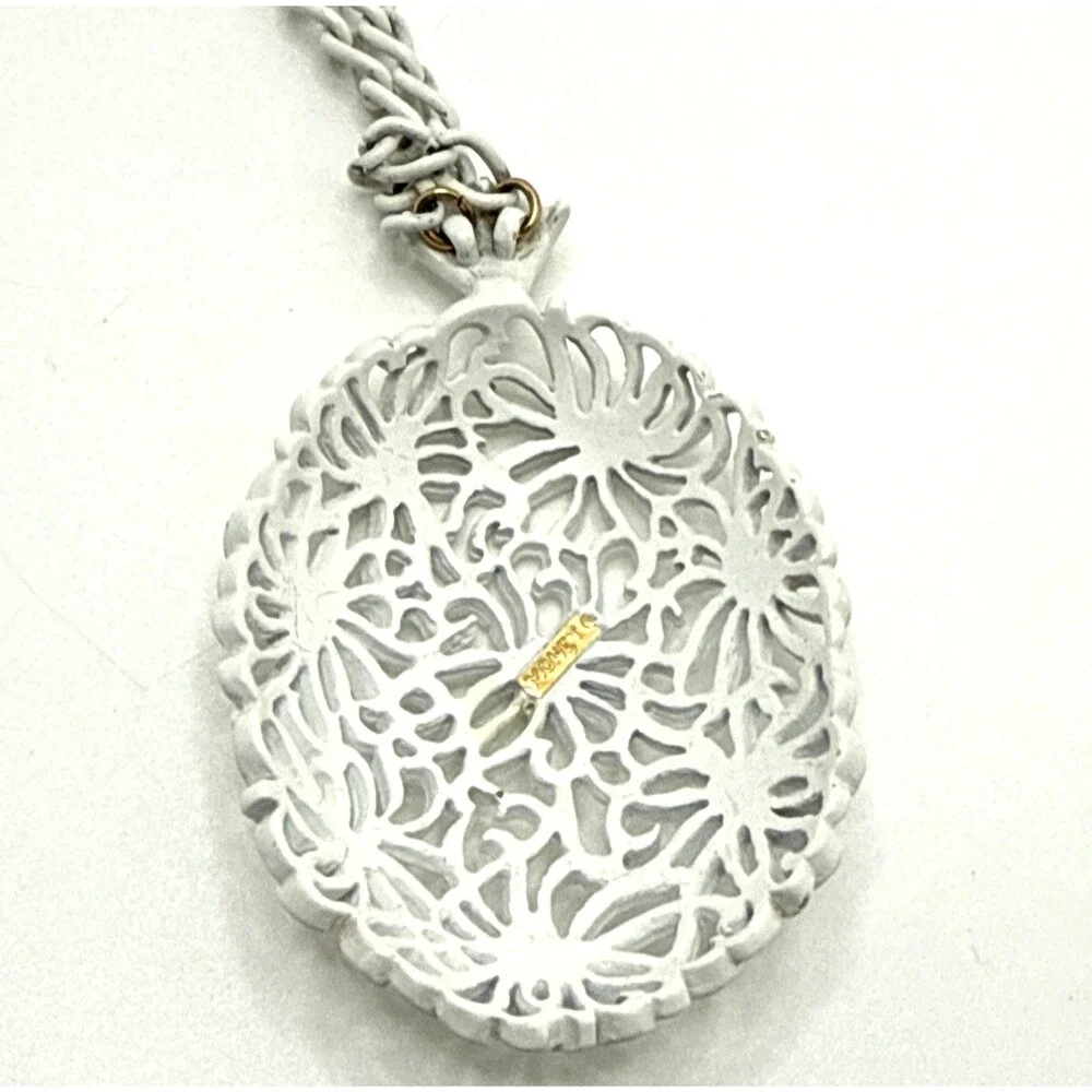 Vintage Monet White Enamel Filigree Pendant Necklace 24